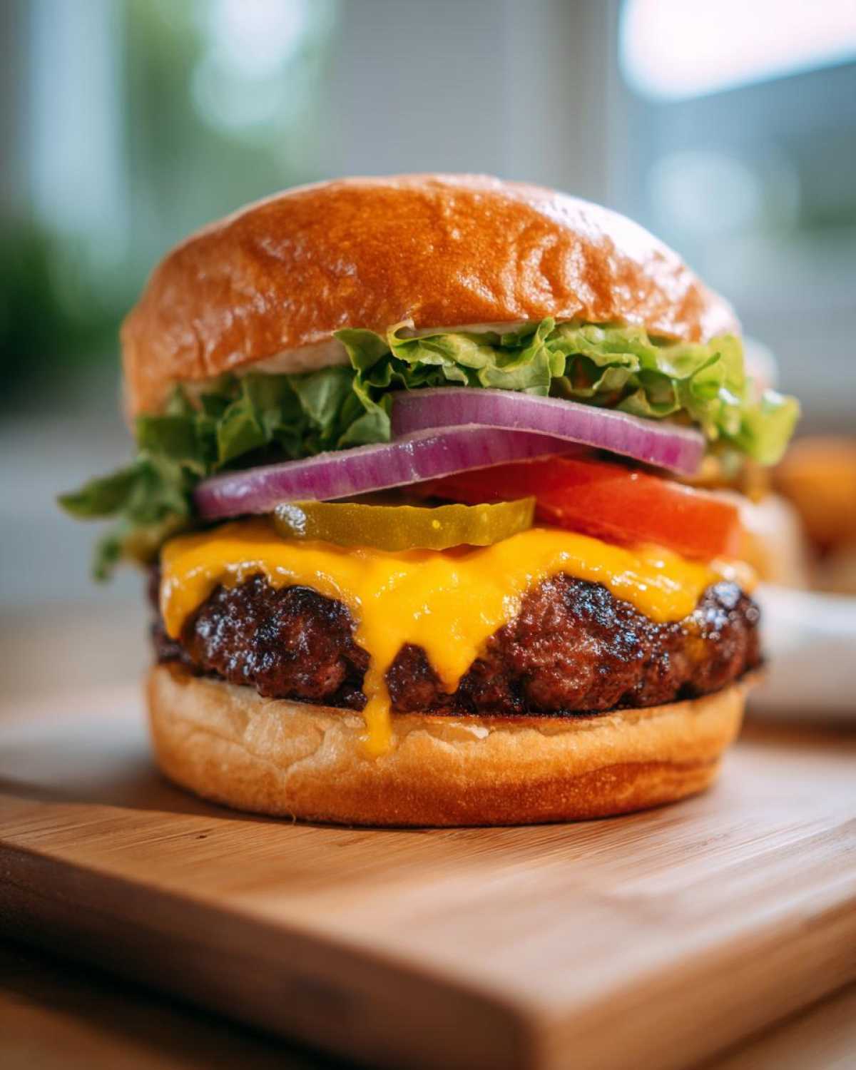 Zbliżenie na klasycznego burgera wołowego z roztopionym serem cheddar, sałatą, pomidorem, czerwoną cebulą i piklami na drewnianej desce.