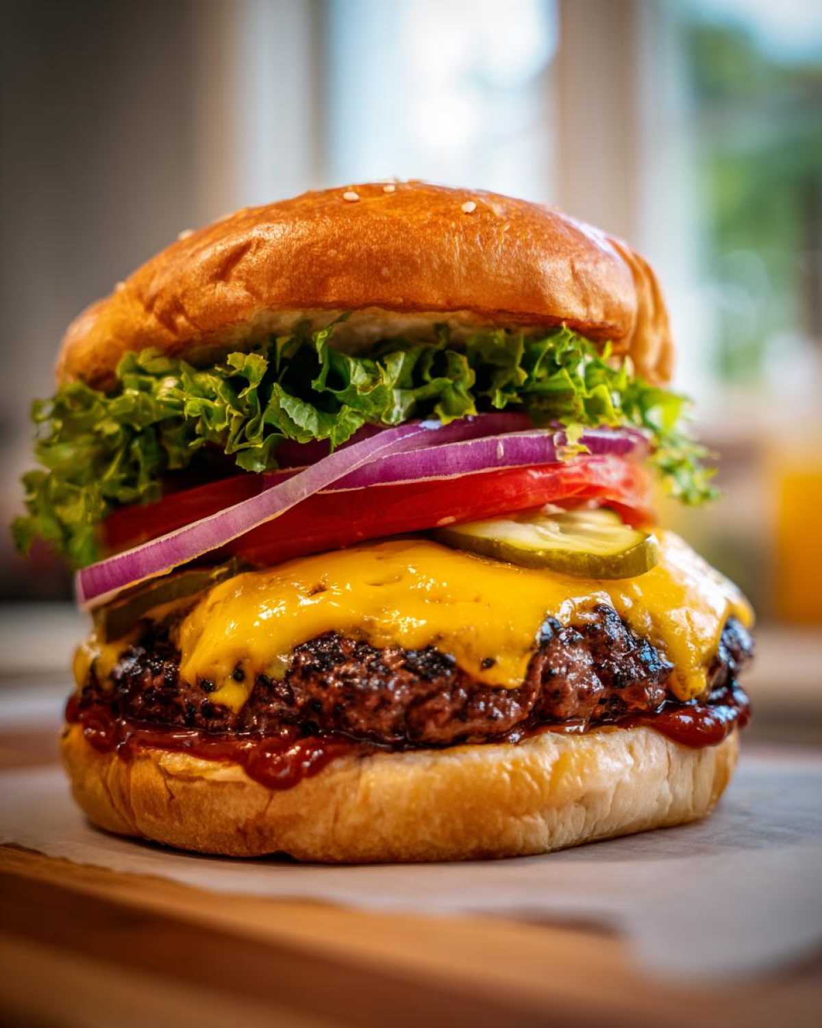 Zbliżenie na klasycznego burgera wołowego z roztopionym serem cheddar, chrupiącą sałatą, pomidorem, czerwoną cebulą i piklami.