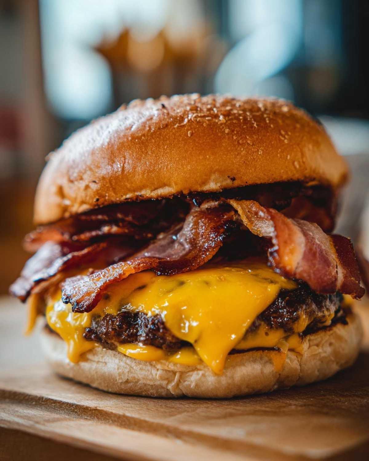 Zbliżenie na soczystego burgera z bekonem i rozpływającym się serem, na drewnianej desce.