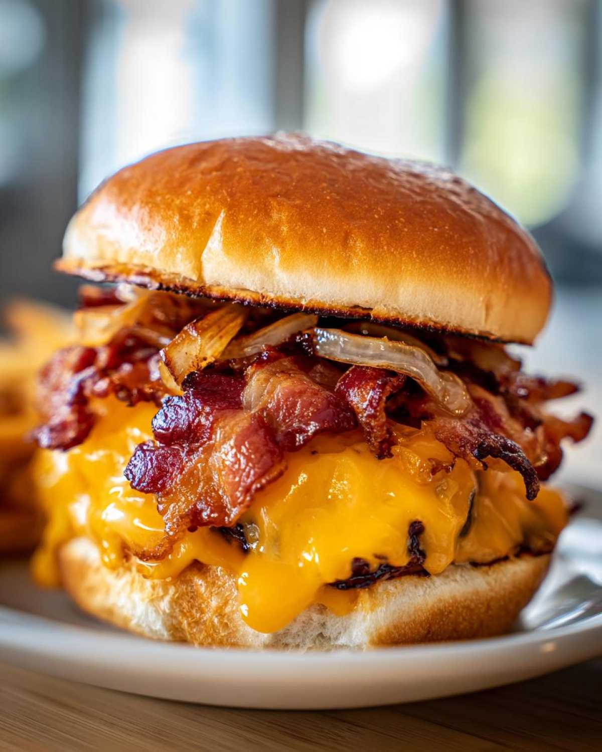 Zbliżenie na soczystego burgera z bekonem, roztopionym serem i skarmelizowaną cebulką.