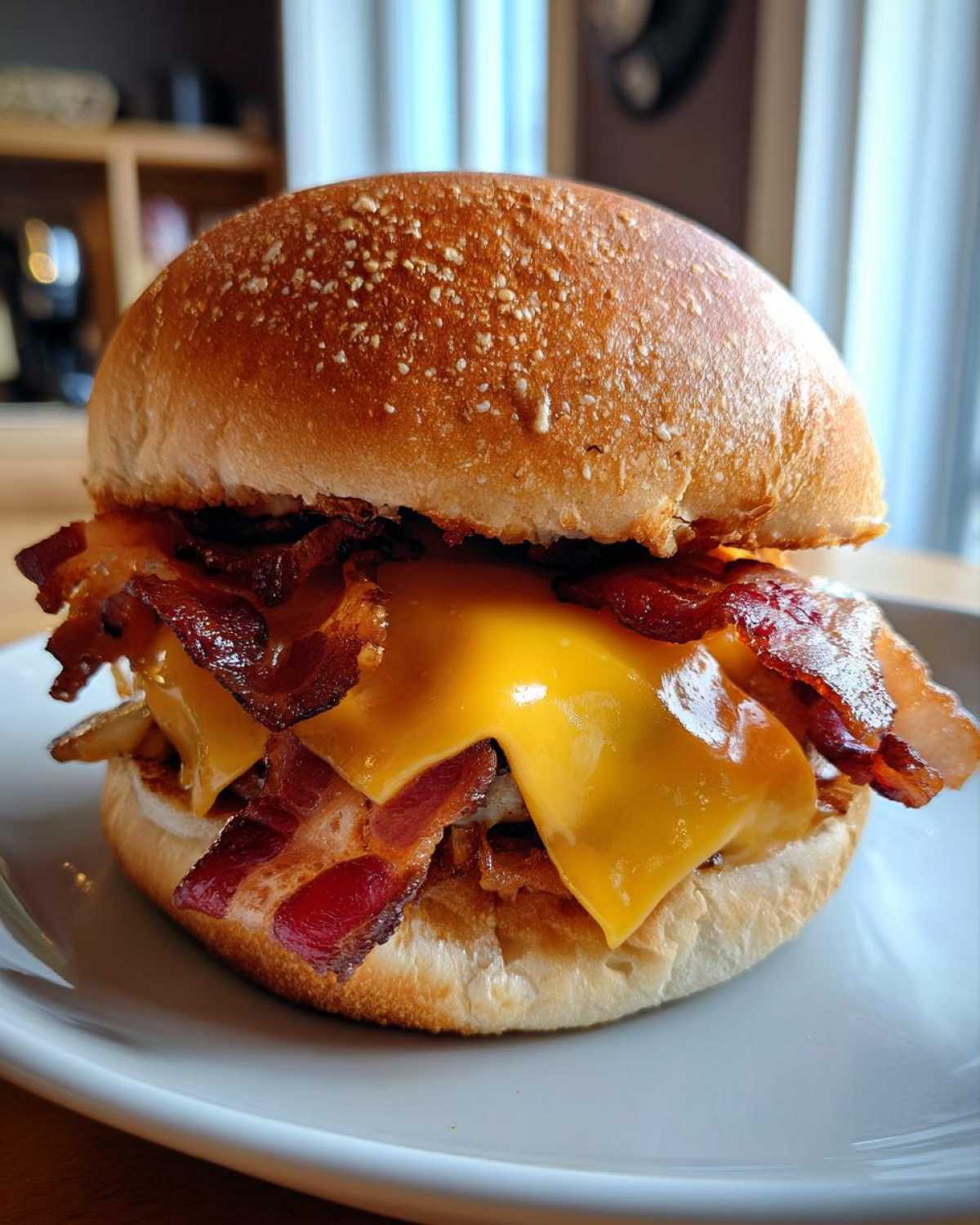 Zbliżenie na soczystego burgera z bekonem, roztopionym serem cheddar i bułką z sezamem.