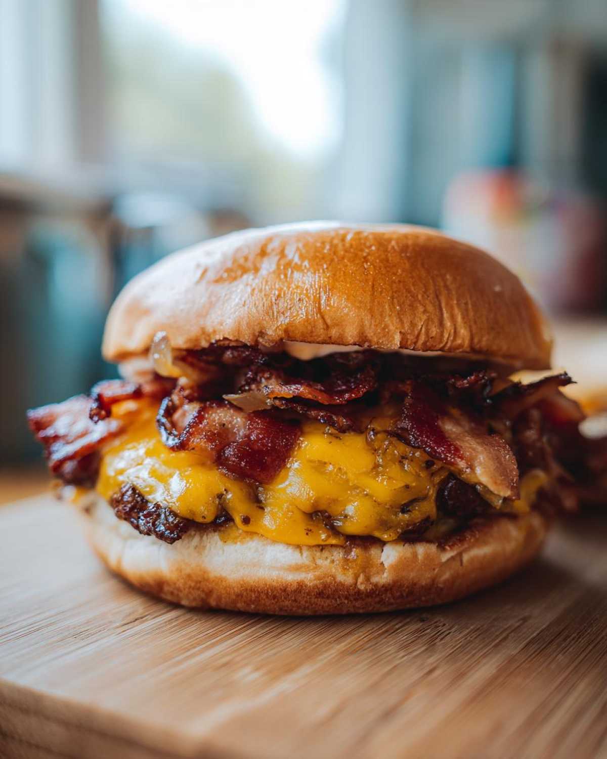 Soczysty burger z bekonem, roztopionym serem cheddar i karmelizowaną cebulką na desce.