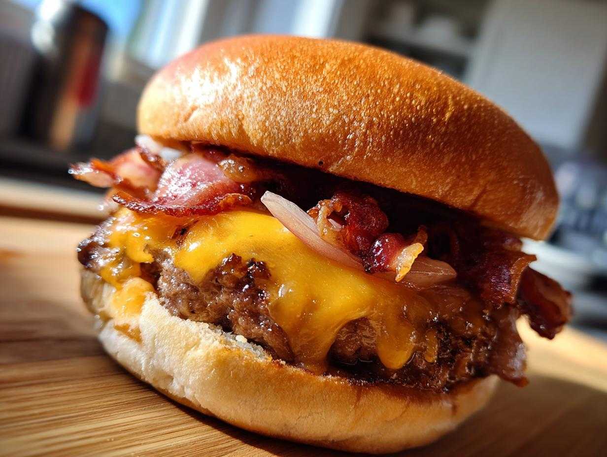 Soczysty burger z bekonem, roztopionym serem cheddar i karmelizowaną cebulką na bułce.