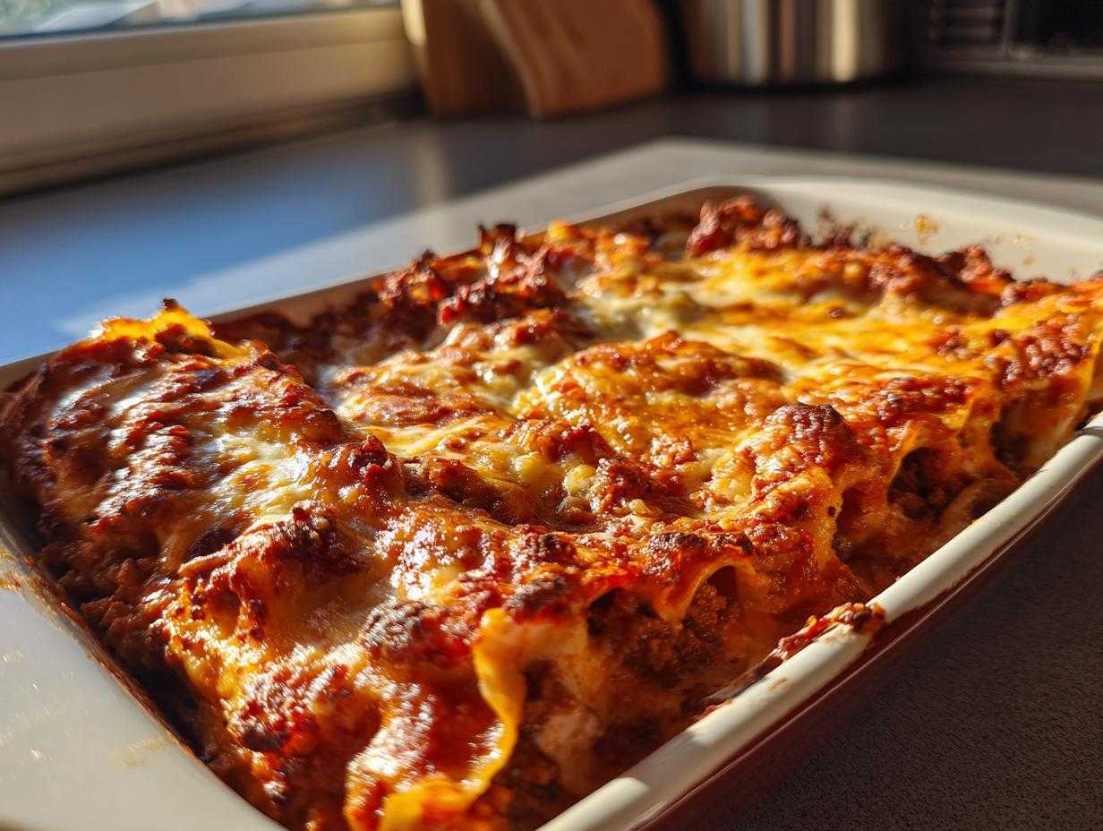 Zbliżenie na pieczone Cannelloni z mięsem, pokryte ciągnącym się serem i sosem pomidorowym.