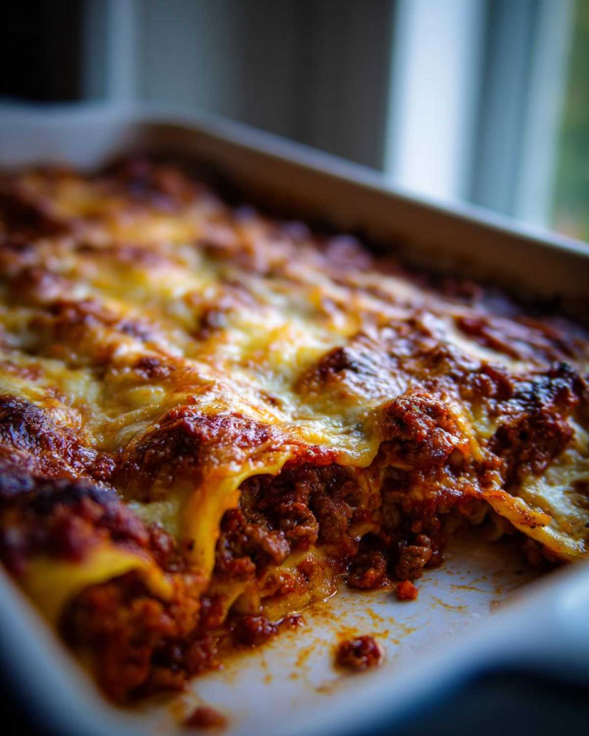 Zbliżenie na porcję Cannelloni z Mięsem, zapieczone ze złotym serem i sosem pomidorowym.