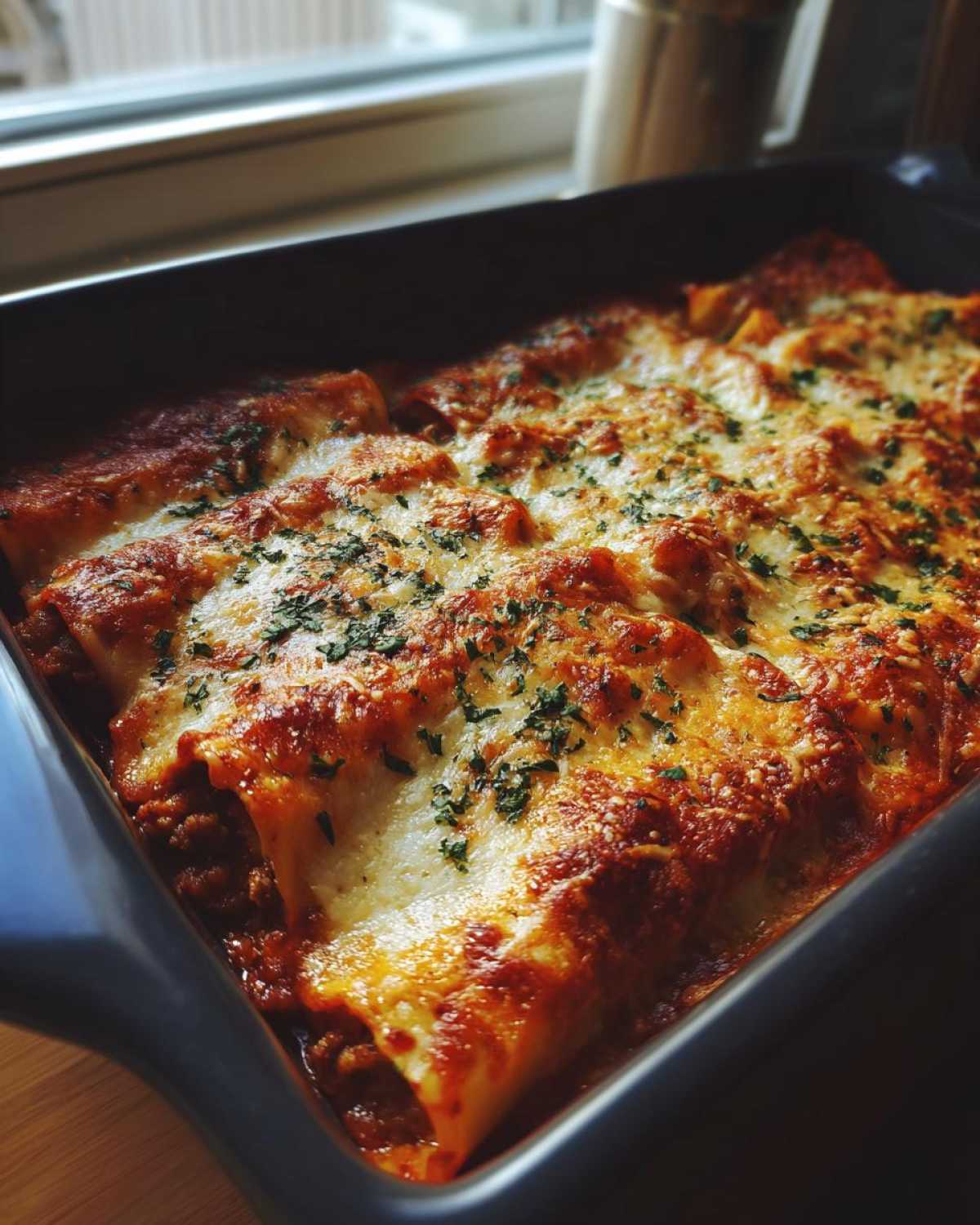 Upieczone Cannelloni z Mięsem, pokryte ciągnącym się serem i posypane natką pietruszki, w prostokątnym naczyniu.