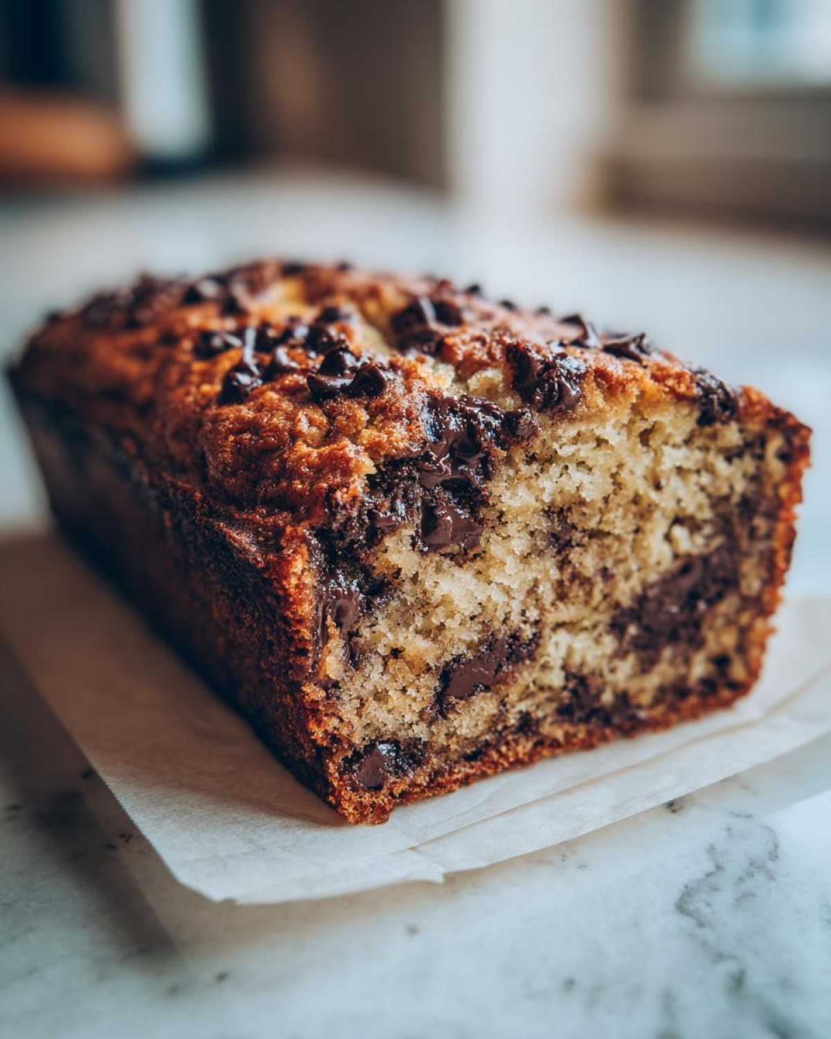 Zbliżenie na chleb bananowy z kawałkami czekolady, widoczny przekrój ciasta.