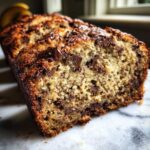 Zbliżenie na przekrojony chleb bananowy z kawałkami czekolady, na marmurowym blacie.