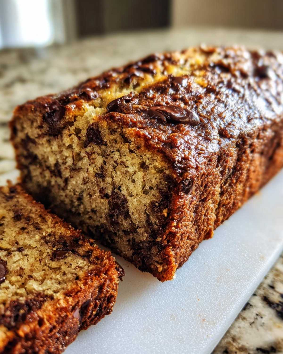 Pokrojony chleb bananowy z kawałkami czekolady na białej desce do krojenia.
