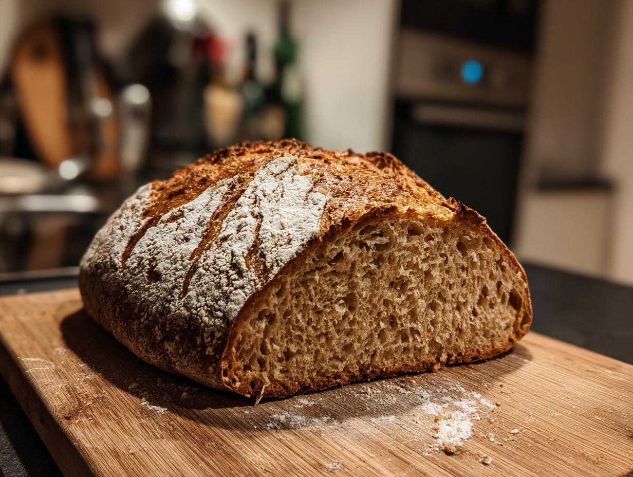 Przekrojony bochenek chleba żytniego na zakwasie z widocznym wnętrzem, ułożony na desce do krojenia.