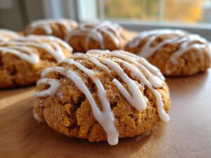 Zbliżenie na pyszne ciasteczka dyniowe z białym lukrem, posypane cukrem.