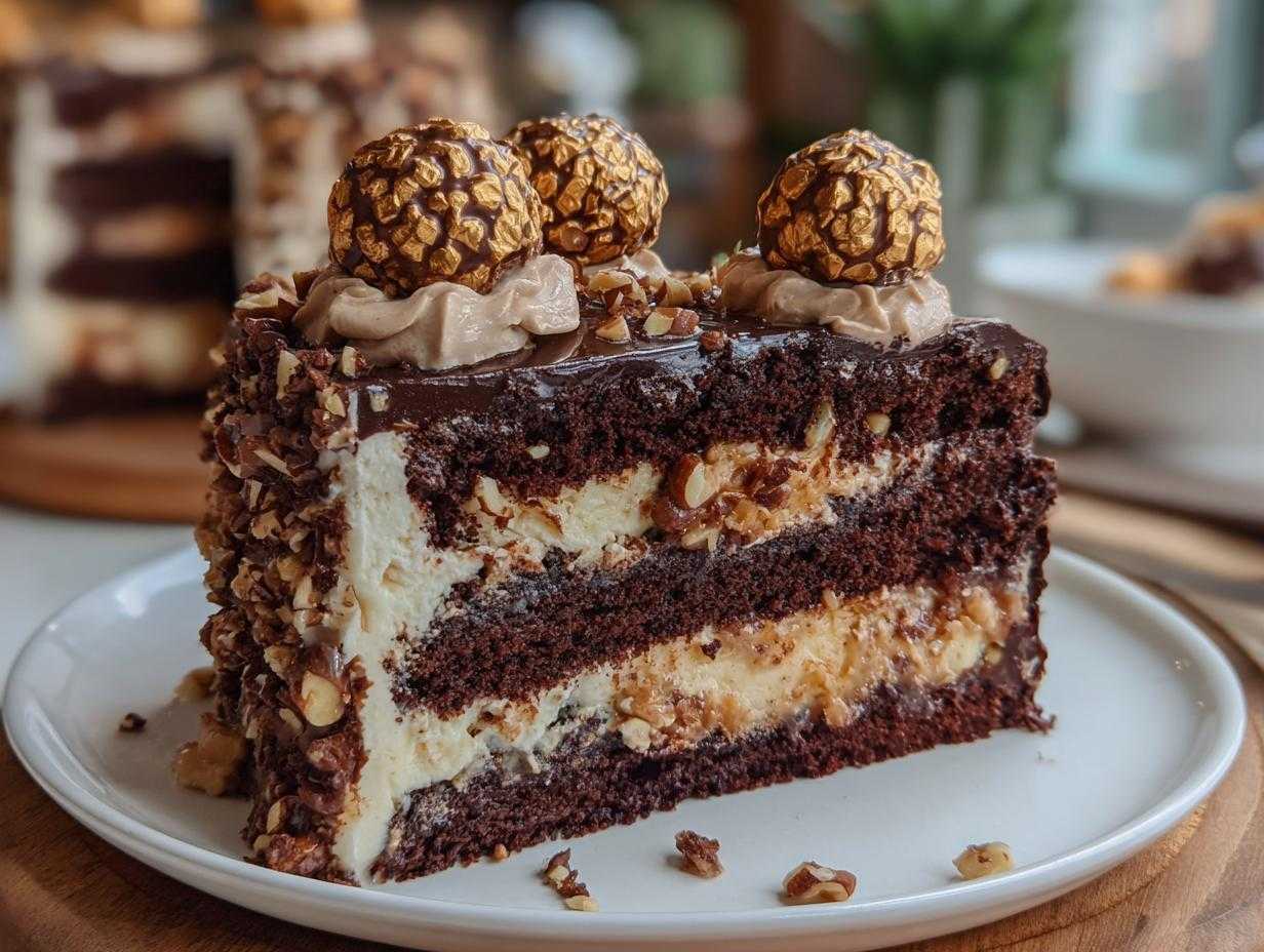 Kawałek czekoladowego ciasta Ferrero Rocher z kremem, orzechami i czekoladkami na wierzchu.