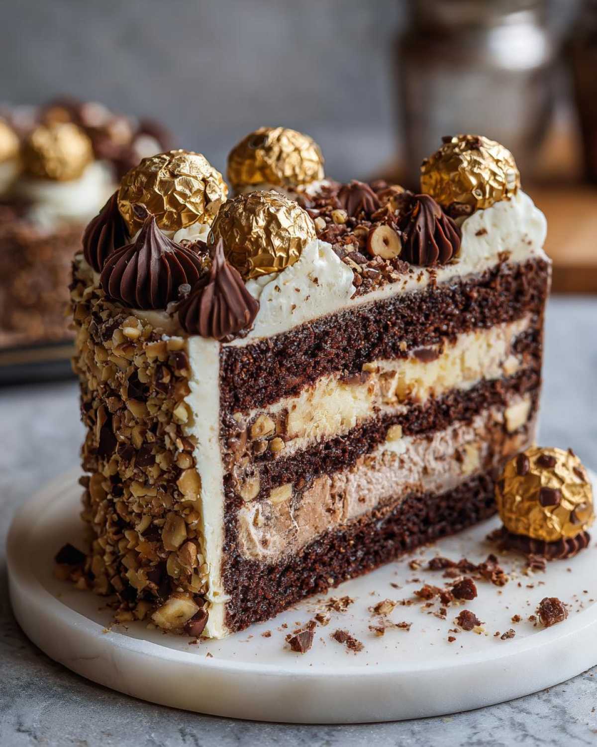 Kawałek czekoladowego ciasta Ferrero Rocher z kremem, orzechami i czekoladkami.