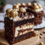 Kawałek ciasta Ferrero Rocher z kremem, czekoladą i orzechami, ozdobiony czekoladkami Ferrero Rocher.