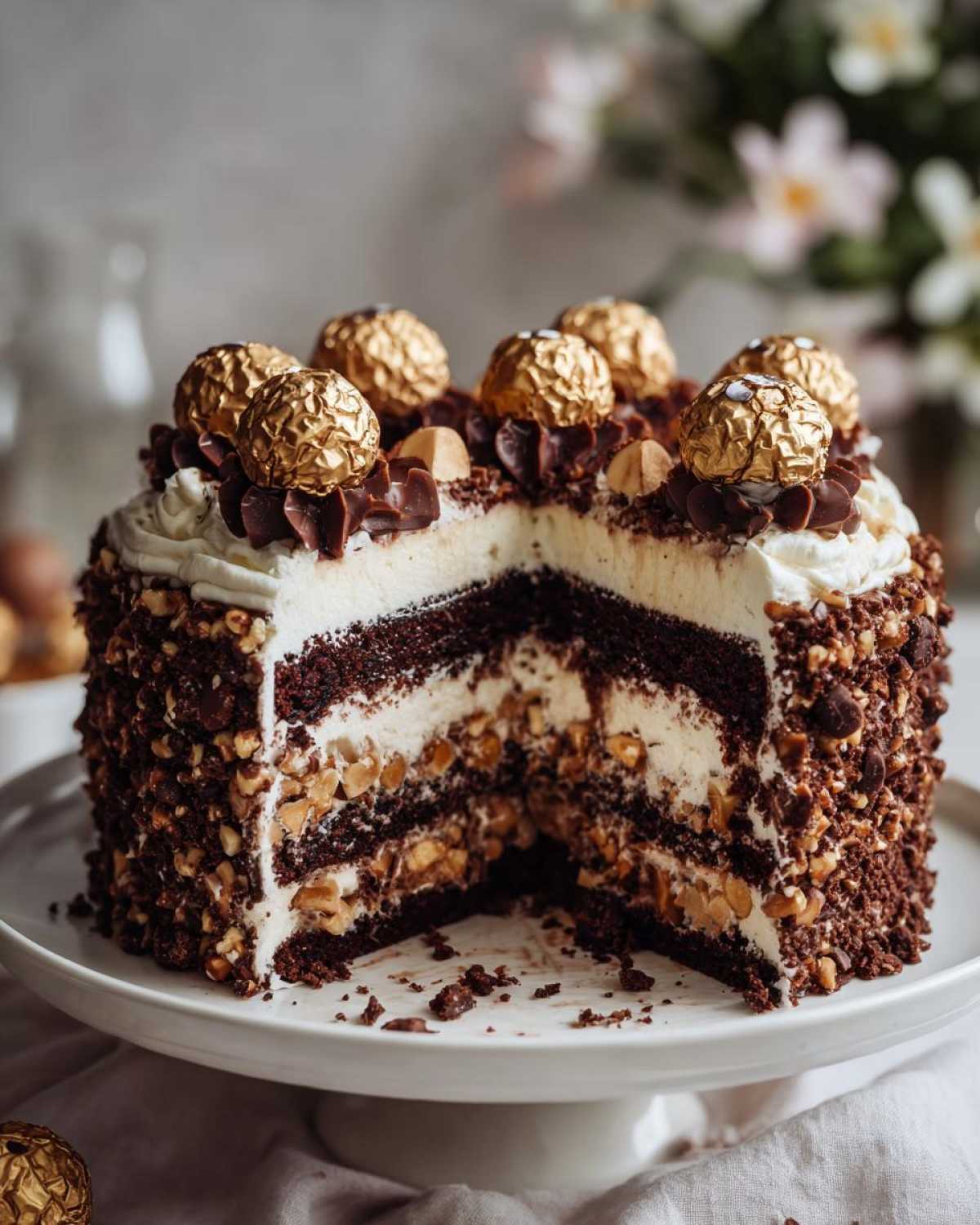 Przekrojone ciasto Ferrero Rocher ozdobione czekoladkami i orzechami, z kremowym nadzieniem.