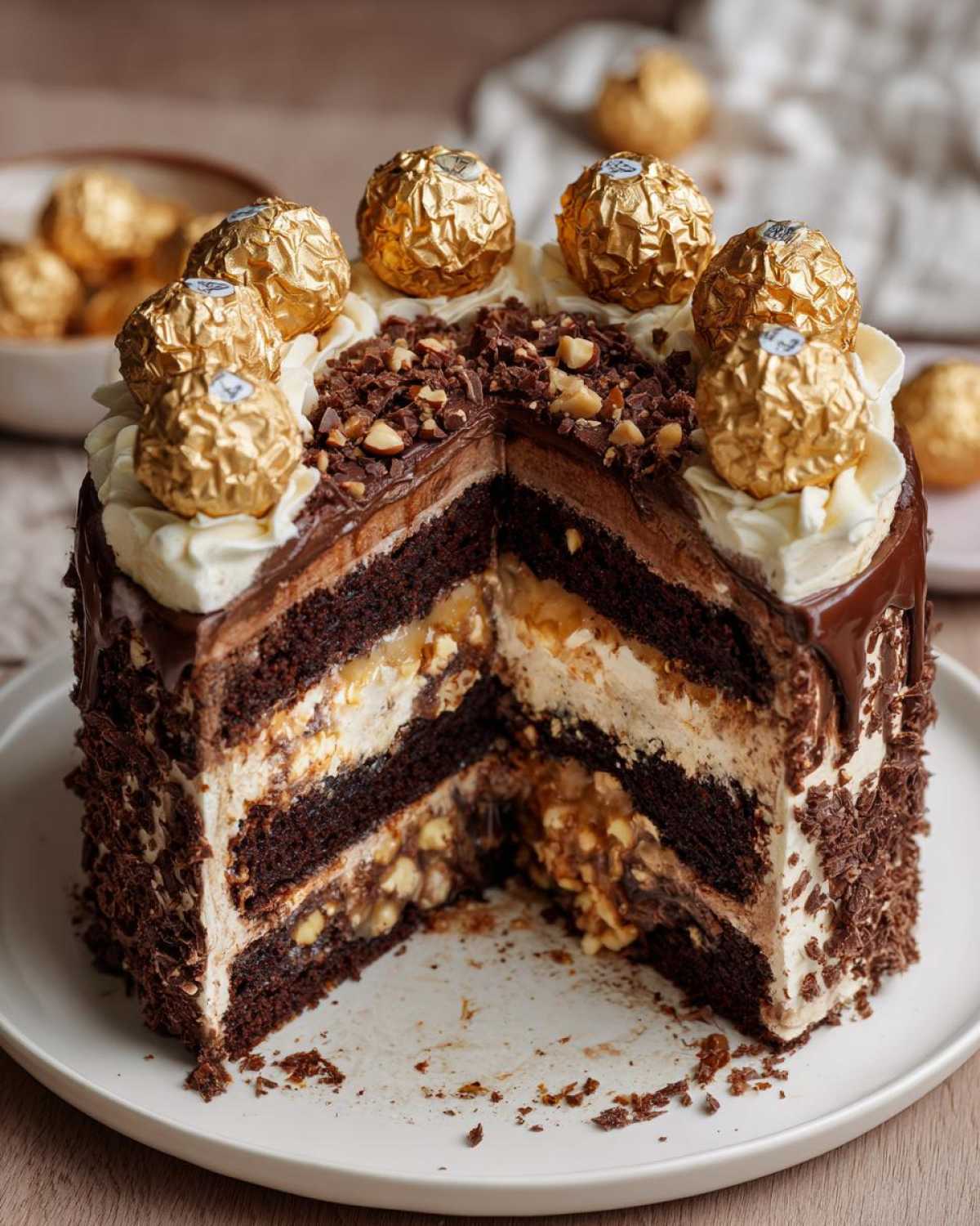 Przekrojone ciasto Ferrero Rocher z czekoladowymi blatami, kremem i orzechami, ozdobione pralinami Ferrero Rocher.