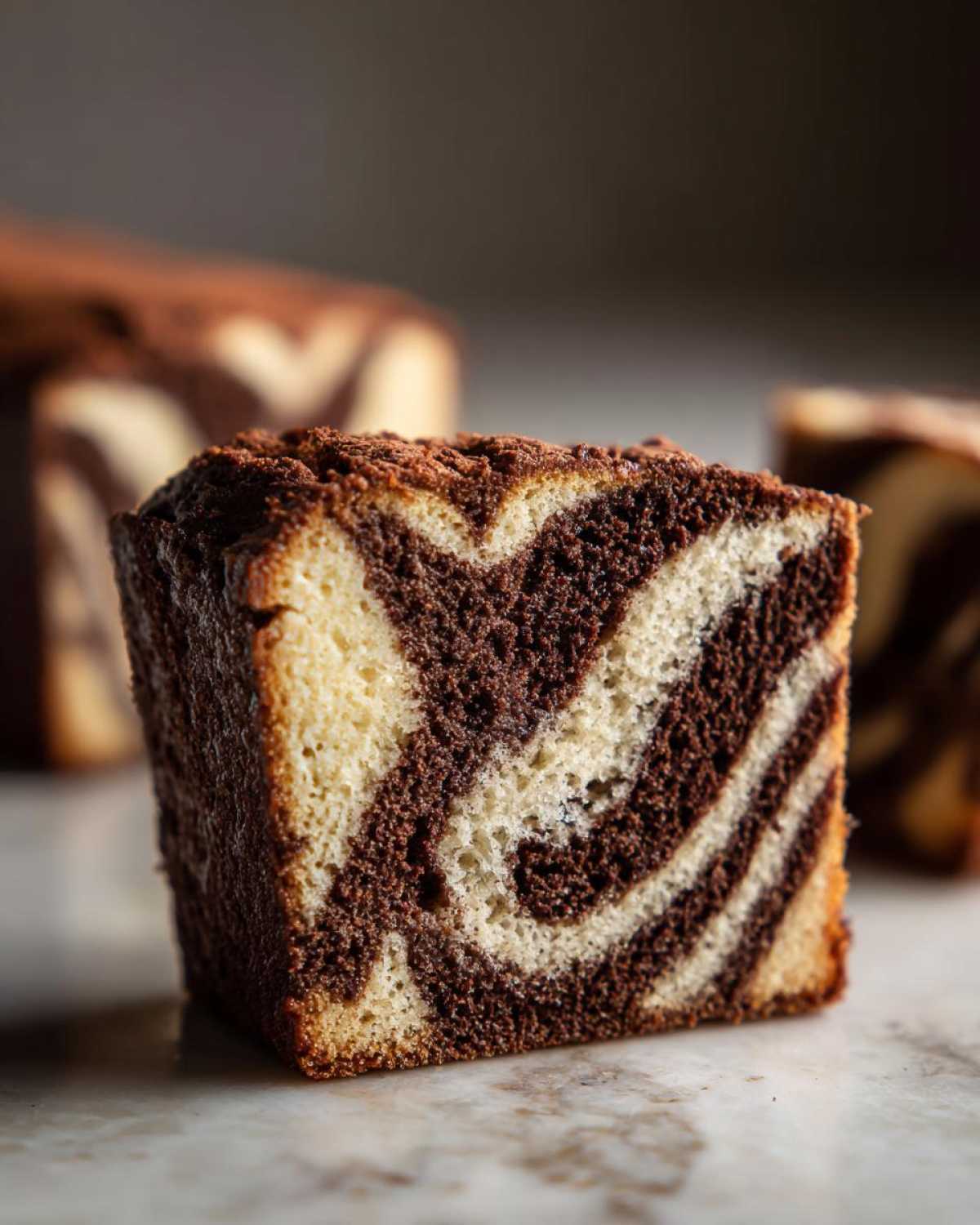 Zbliżenie na idealnie upieczone ciasto zebra z widocznym kontrastem jasnego i ciemnego ciasta.