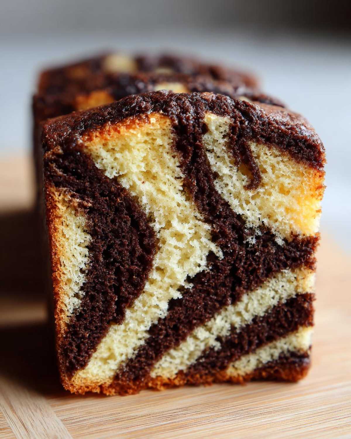 Przekrój przez ciasto zebra z wyraźnymi pasami jasnego i ciemnego ciasta na drewnianej desce.