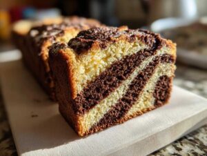 Przekrój przez ciasto zebra z wyraźnymi, naprzemiennymi warstwami jasnego i ciemnego ciasta.