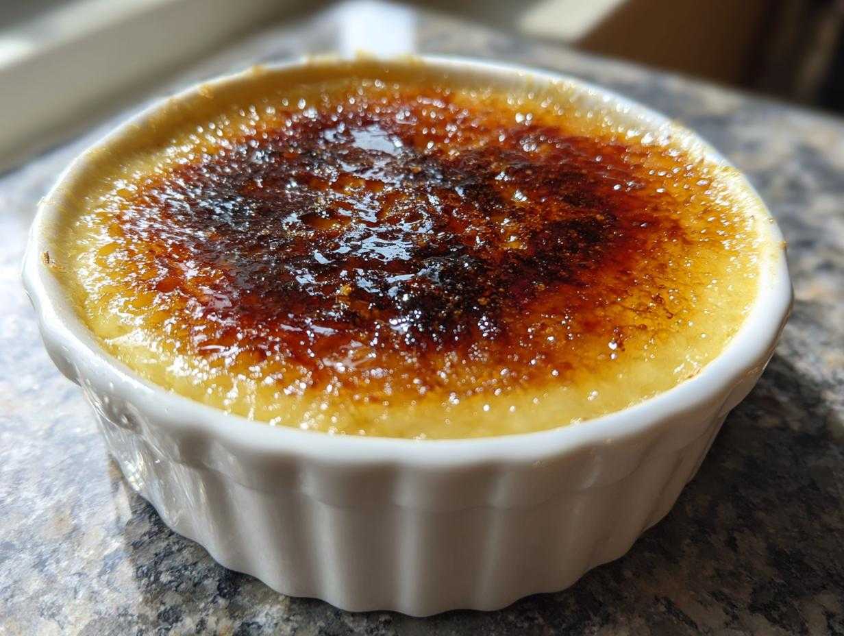 Zbliżenie na kremowe crème brûlée w białej kokilce z idealnie skarmelizowaną, brązową warstwą cukru na wierzchu.