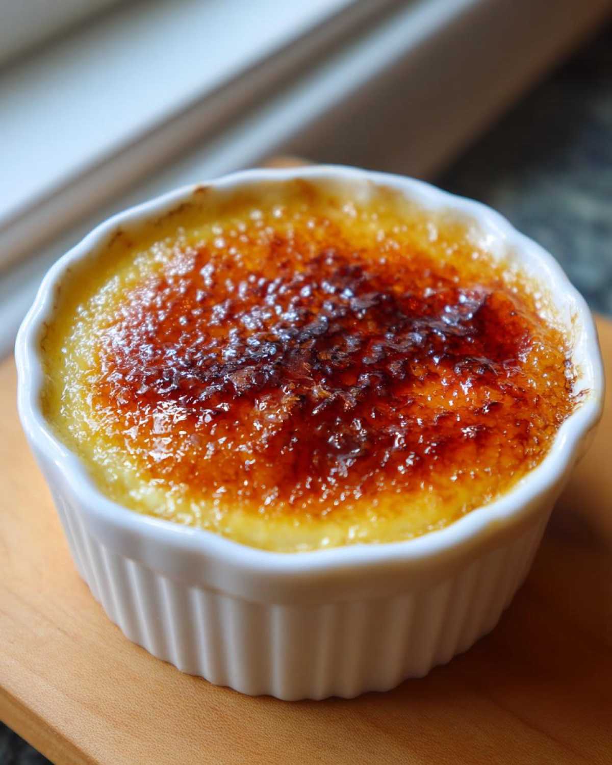 Zbliżenie na porcję Crème brûlée w białej kokilce z idealnie skarmelizowanym cukrem na wierzchu.