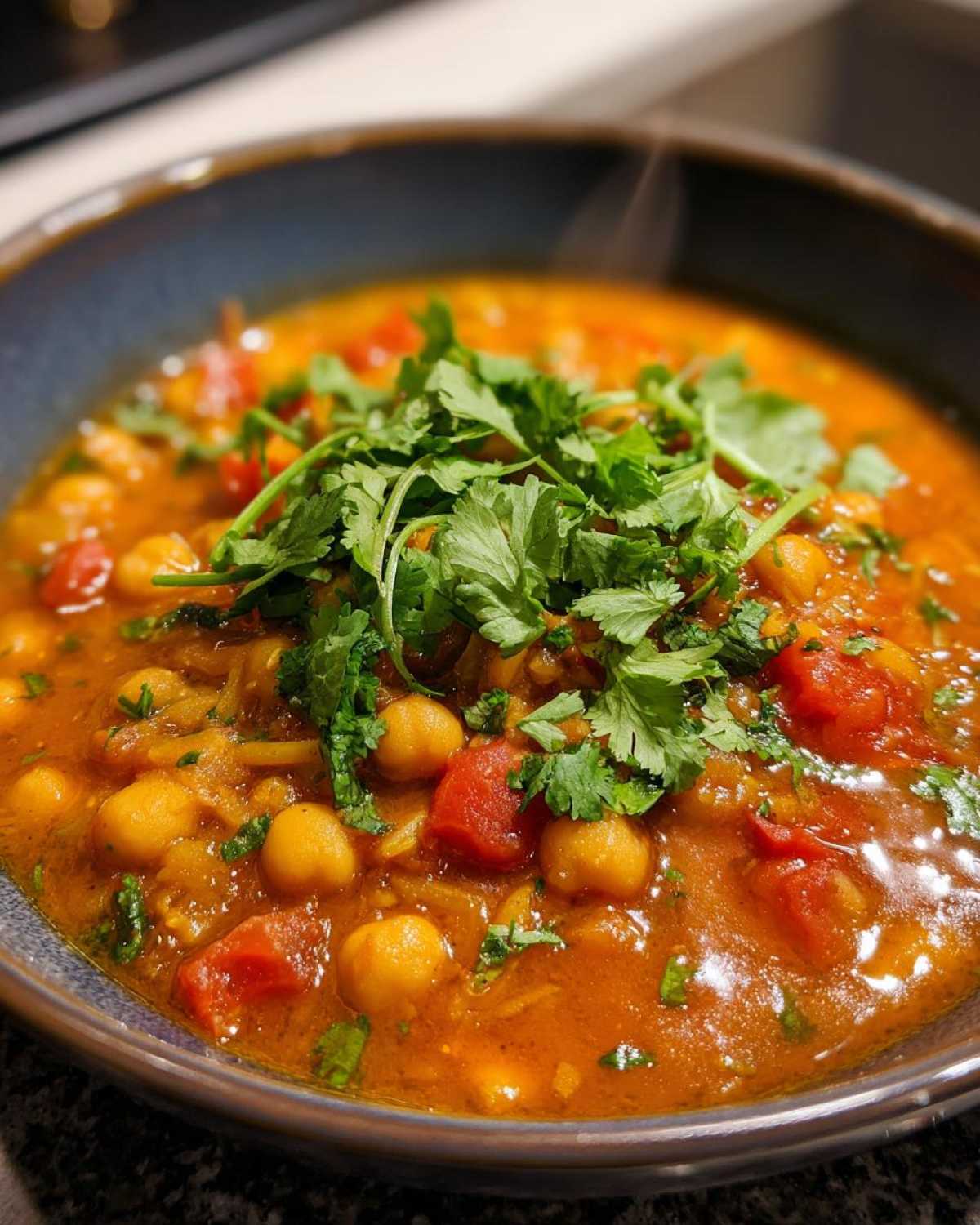 Miseczka pełna aromatycznego curry z ciecierzycą, pomidorami i świeżą kolendrą.