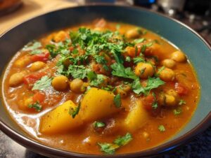 Zbliżenie na aromatyczne curry z ciecierzycą, ziemniakami i pomidorami, posypane świeżą kolendrą.