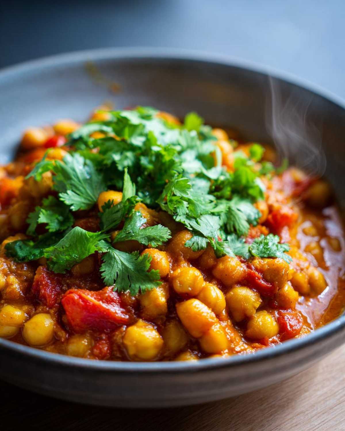 Aromatyczne curry z ciecierzycą podane w misce, ozdobione świeżą kolendrą i lekko parujące.