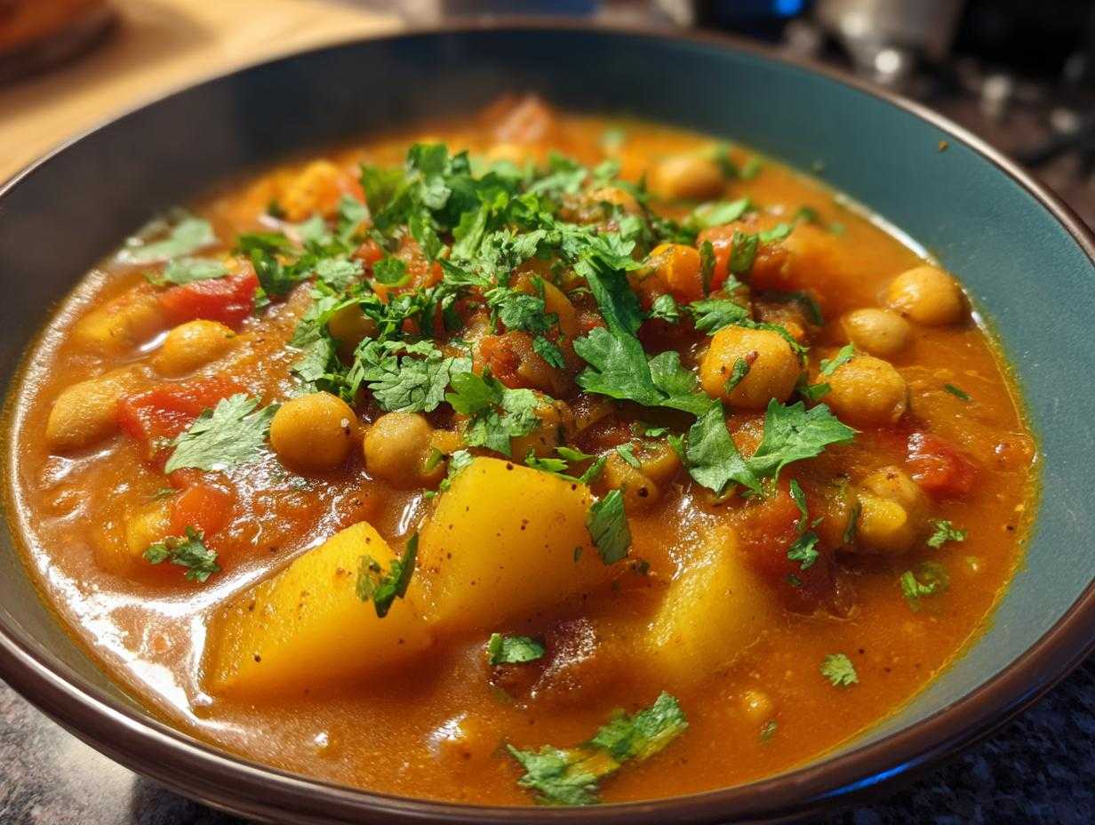 Zbliżenie na aromatyczne curry z ciecierzycą, ziemniakami i pomidorami, posypane świeżą kolendrą.