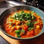 Miseczka aromatycznego curry z ciecierzycą, pomidorami i świeżą kolendrą, parująca.