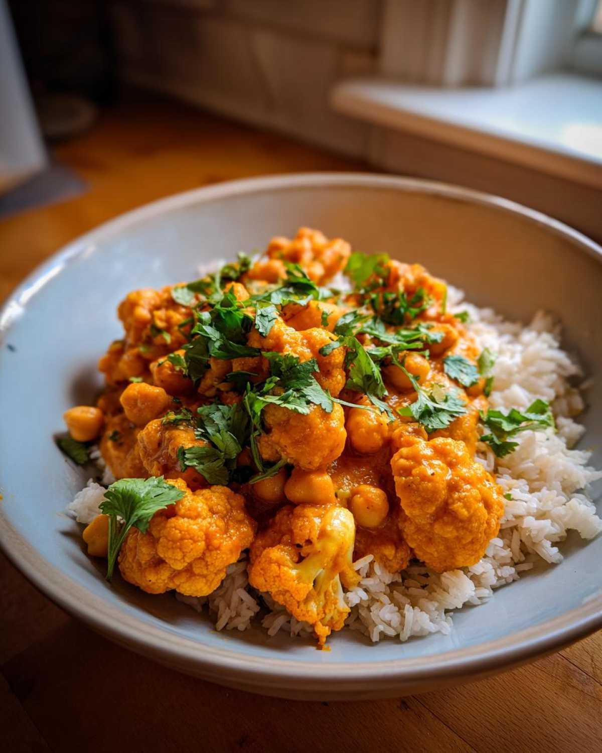 Miseczka pełna aromatycznego curry z kalafiorem i ciecierzycą, podana na białym ryżu, udekorowana świeżą kolendrą.