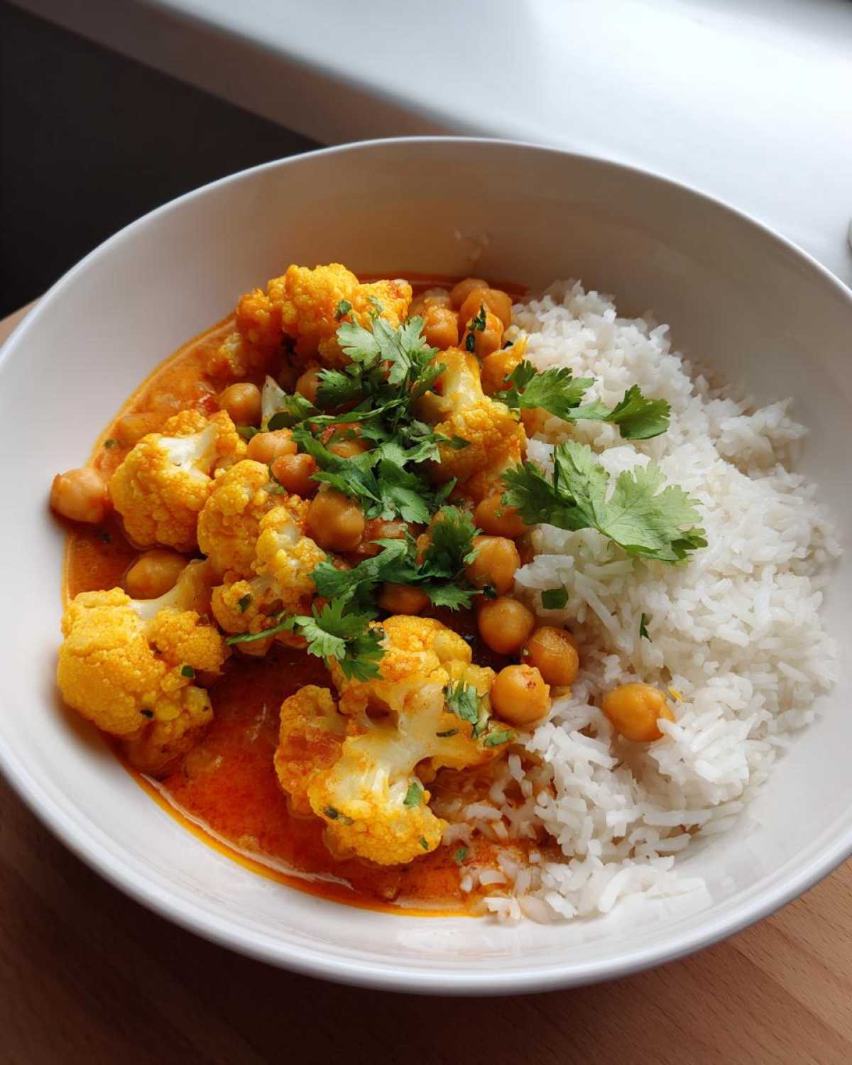 Miseczka z aromatycznym curry z kalafiorem, ciecierzycą i ryżem, udekorowana świeżą kolendrą.