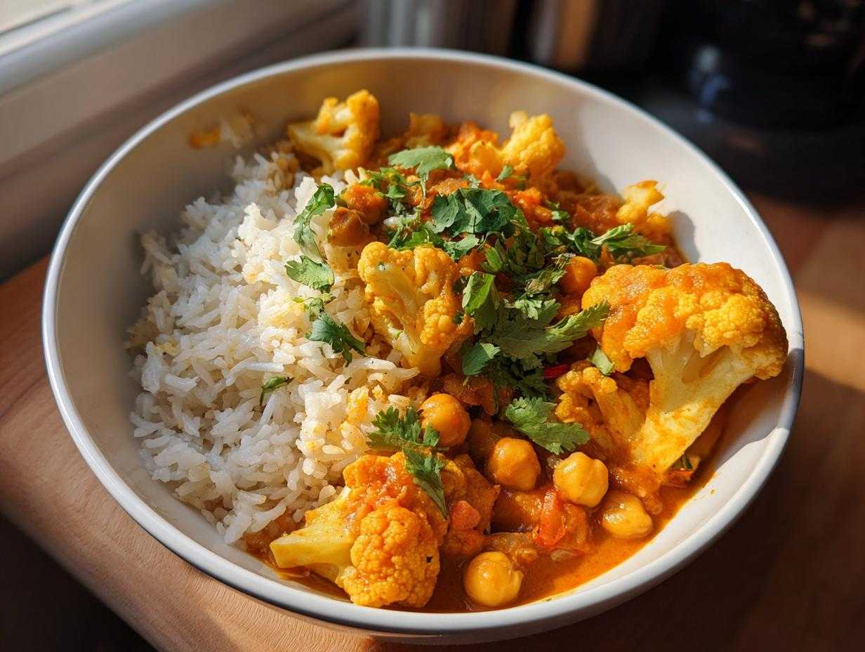 Miseczka z ryżem i aromatycznym curry z kalafiorem, ciecierzycą i świeżą kolendrą.