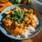 Miseczka z ryżem i aromatycznym curry z kalafiorem, posypana świeżą pietruszką.