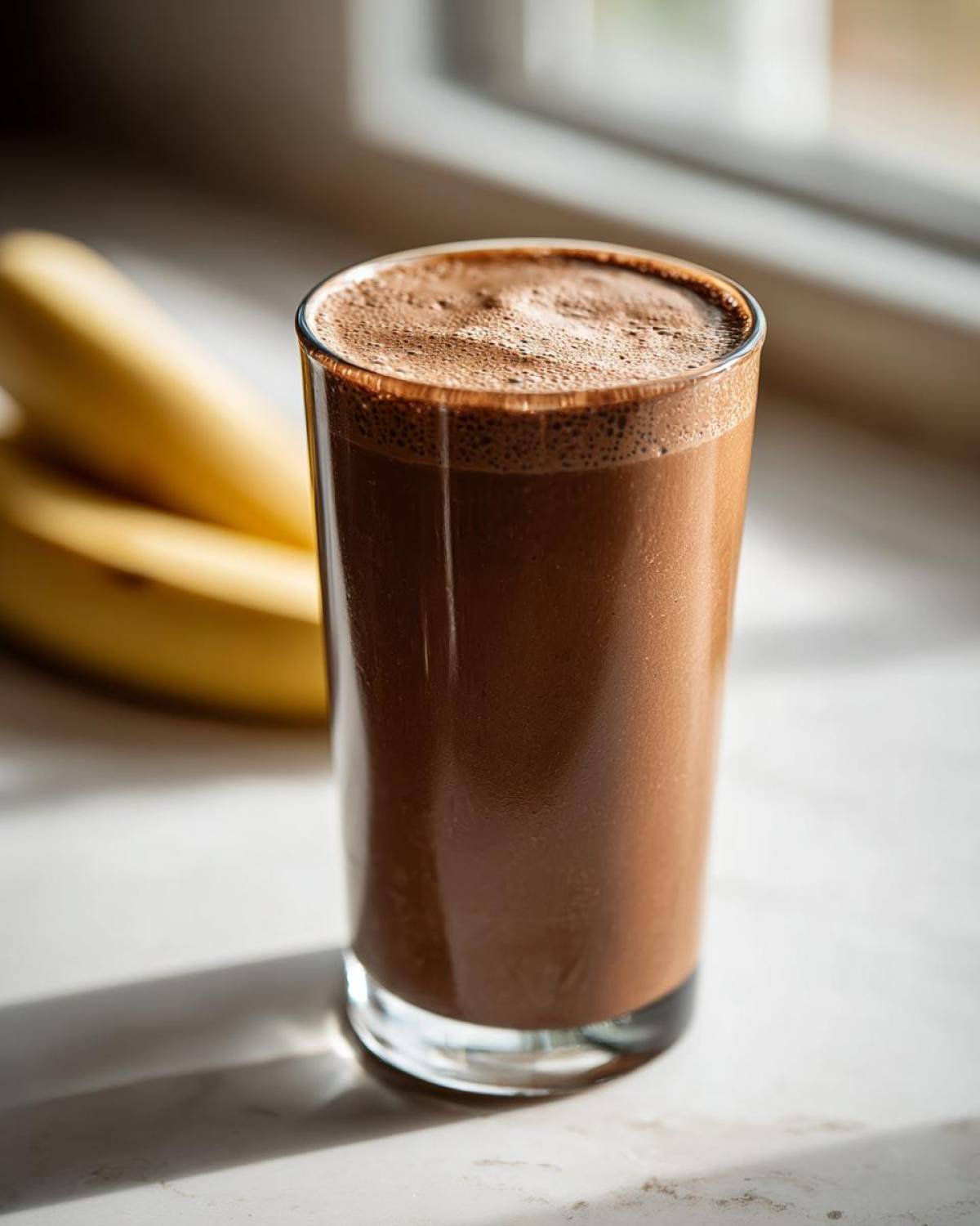 Szklanka z czekoladowym shake'iem białkowym i bananami w tle.