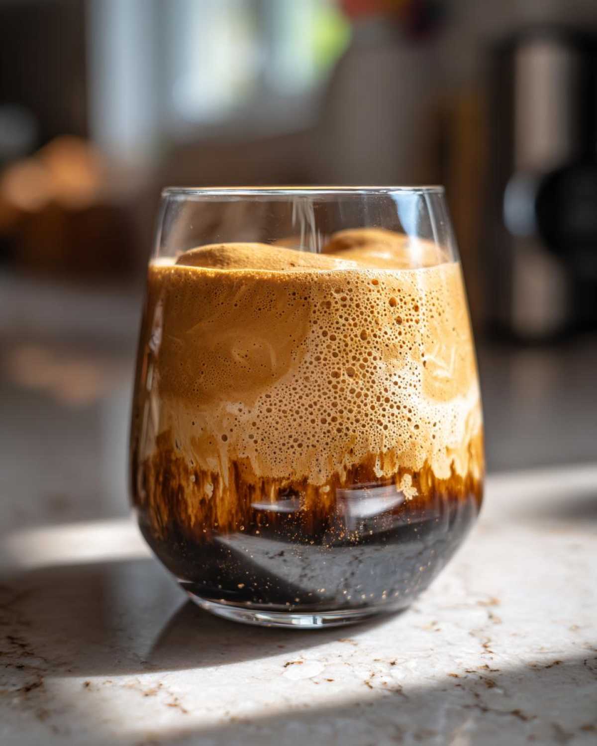 Szklanka z dalgona coffee, czyli kawy piankowej z gęstą pianką na wierzchu.