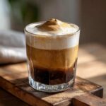 Szklanka z warstwową kawą Dalgona z gęstą pianką na wierzchu.