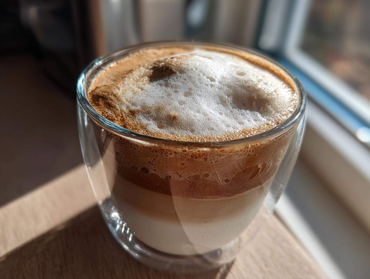 Szklanka z dalgona coffee, widoczna gęsta pianka i warstwy napoju.