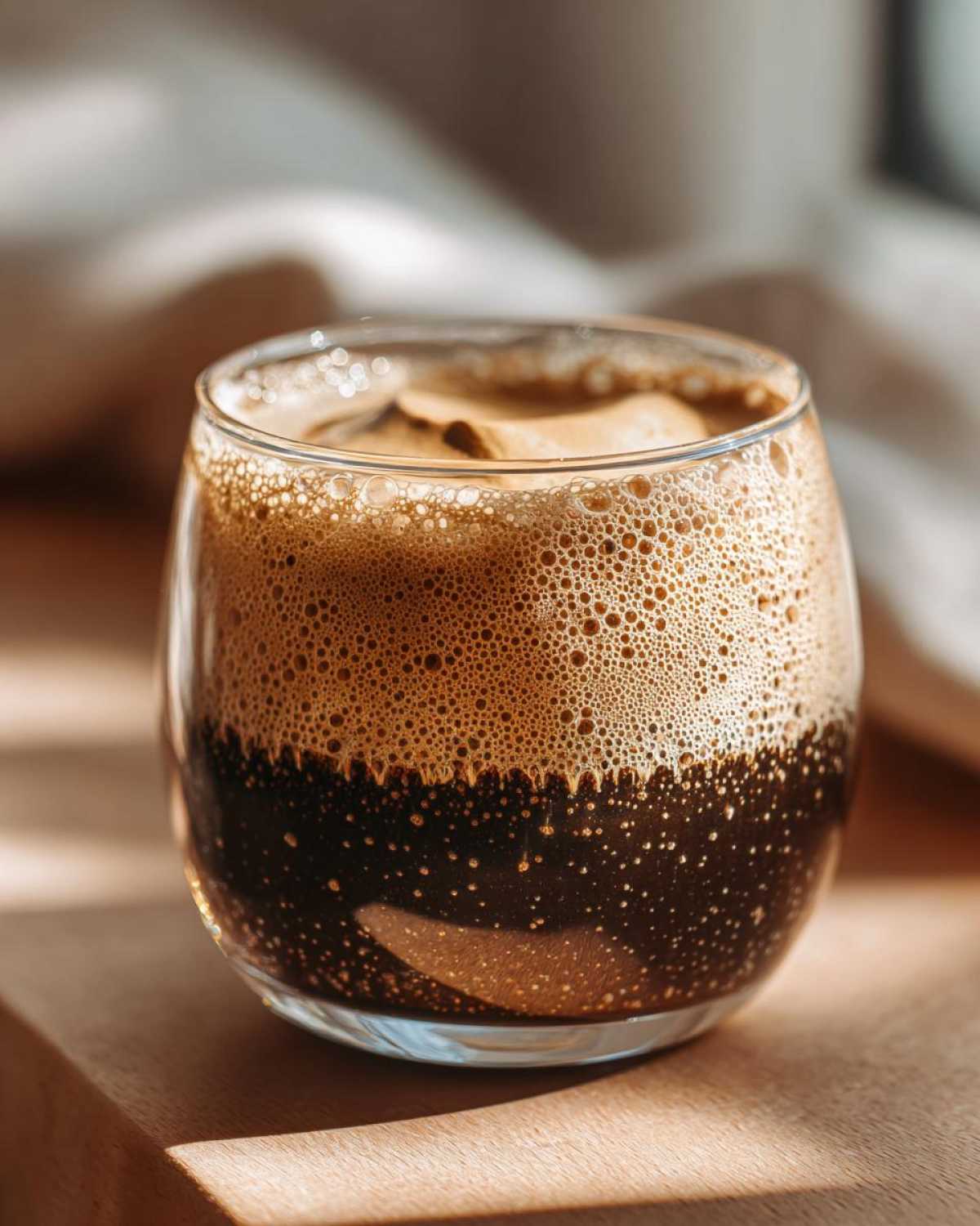 Szklanka z dalgona coffee, kawą piankową z lodami i gęstą pianką na wierzchu.