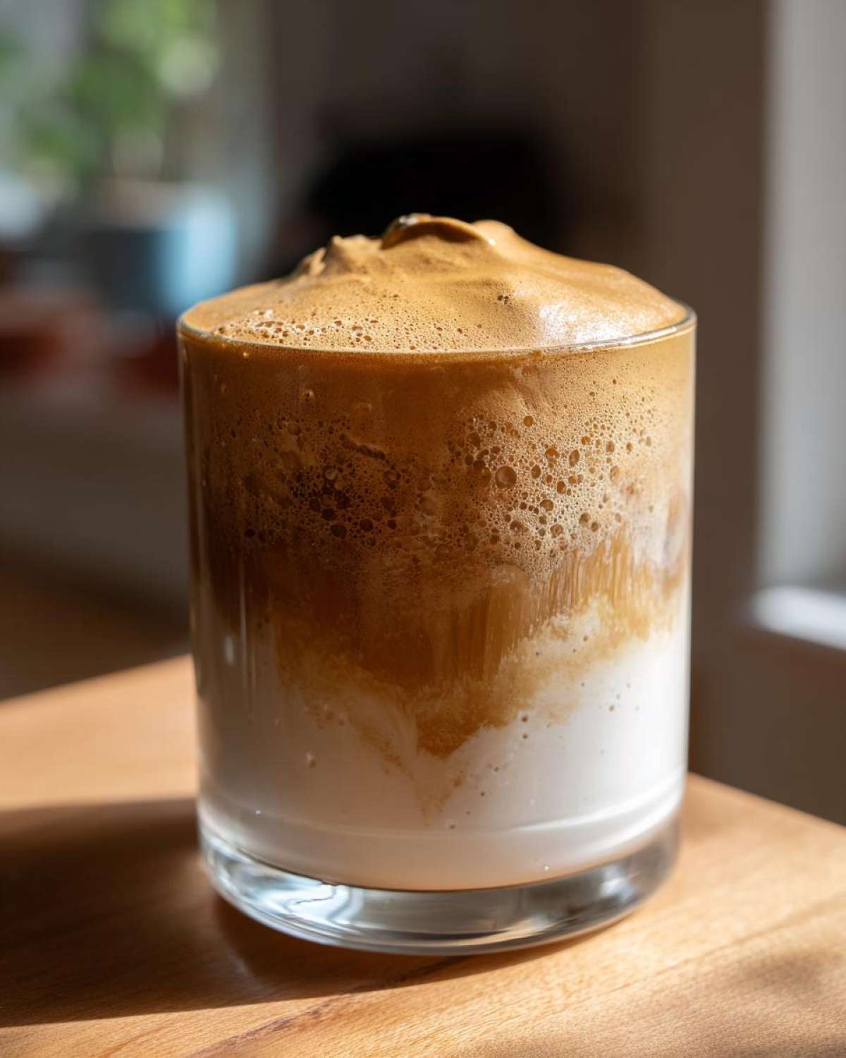 Szklanka z dalgona coffee: gęsta pianka kawowa na mleku, idealna pianka.