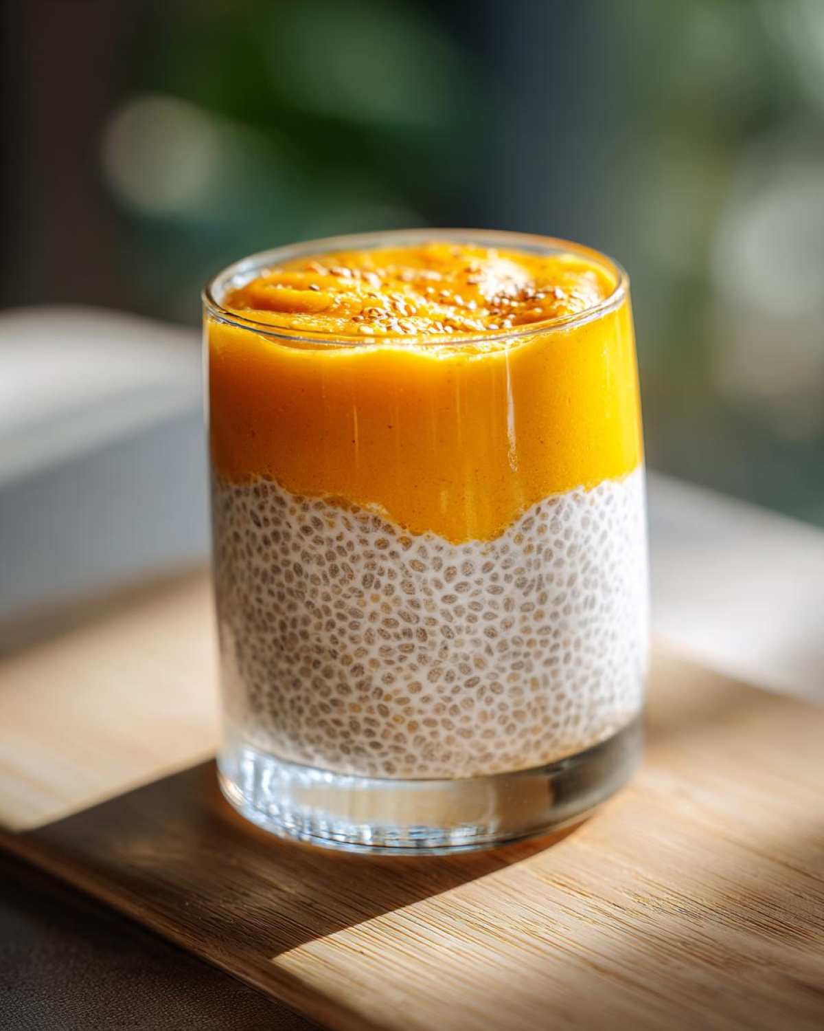 Deser chia z mango w szklance, warstwowy, z widocznymi nasionami chia i musem mango na wierzchu.
