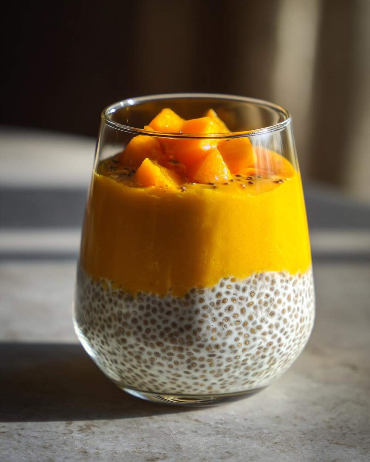 Deser chia z mango w szklance, z widocznymi warstwami nasion chia i puree z mango na wierzchu.