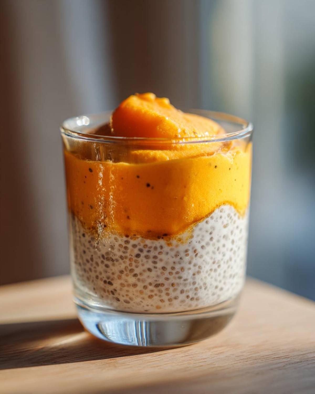 Deser chia z mango w szklance, warstwowy, z widocznymi nasionami chia i musem mango.