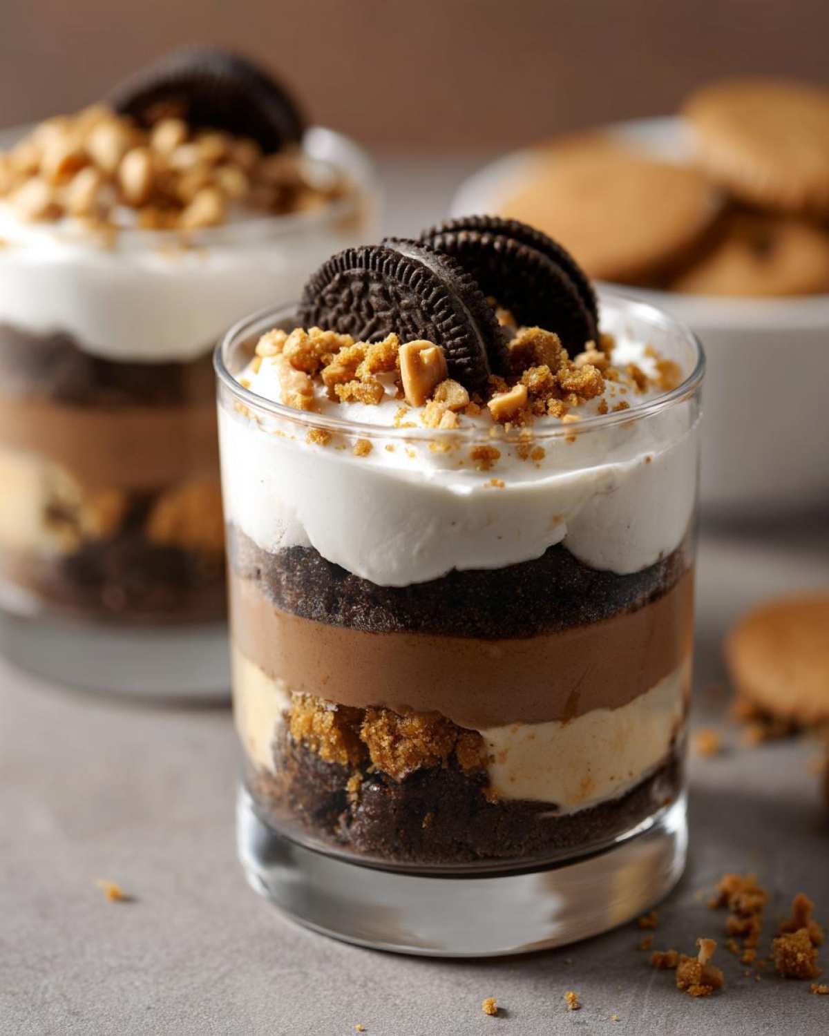 Deser Snickers w pucharku z warstwami czekolady, kremu orzechowego, ciastek Oreo i bitej śmietany, posypany orzeszkami.