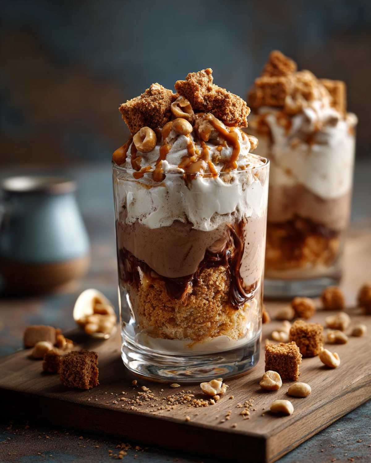 Deser Snickers w pucharku z warstwami czekolady, bitej śmietany, orzeszków i karmelu.