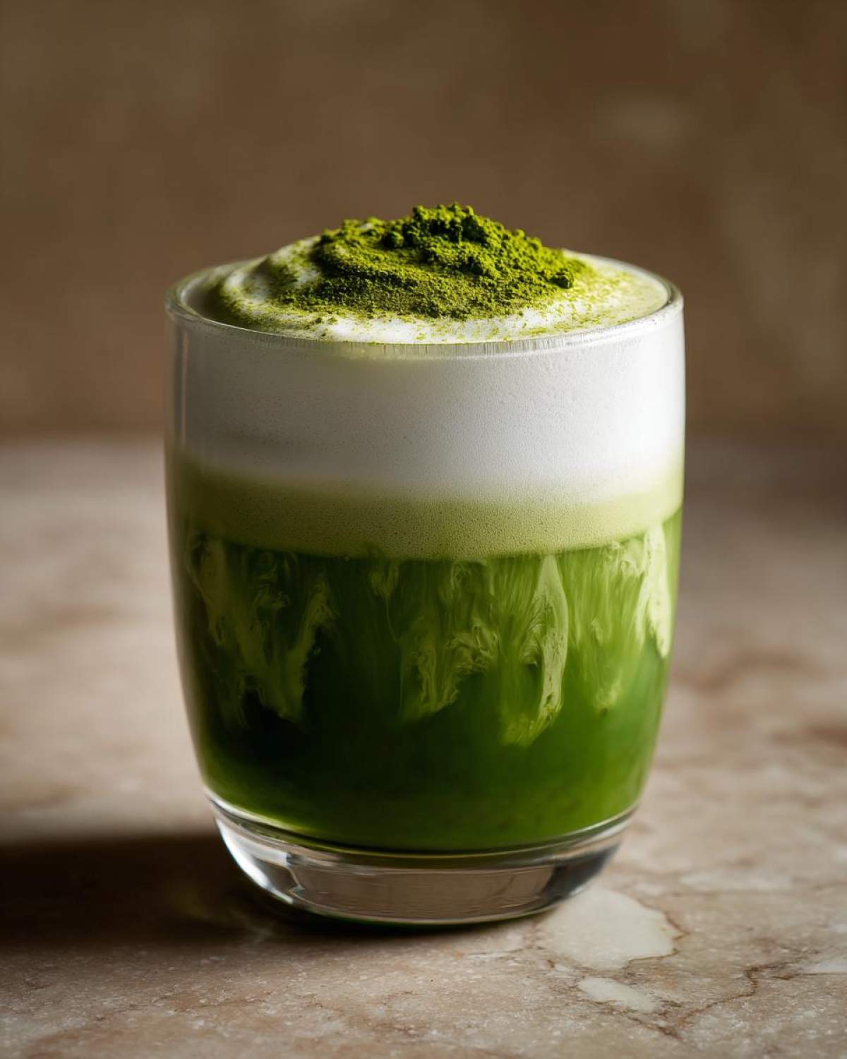 Szklanka domowej matcha latte z gęstą pianką i posypką z zielonego pudru matcha.