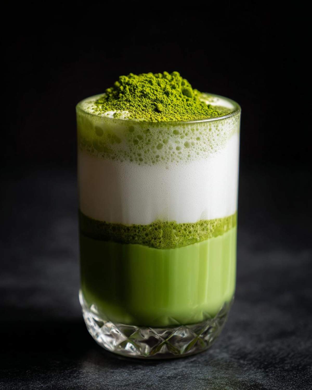 Szklanka domowego matcha latte z gęstą pianką i posypką z pudru matcha na wierzchu.