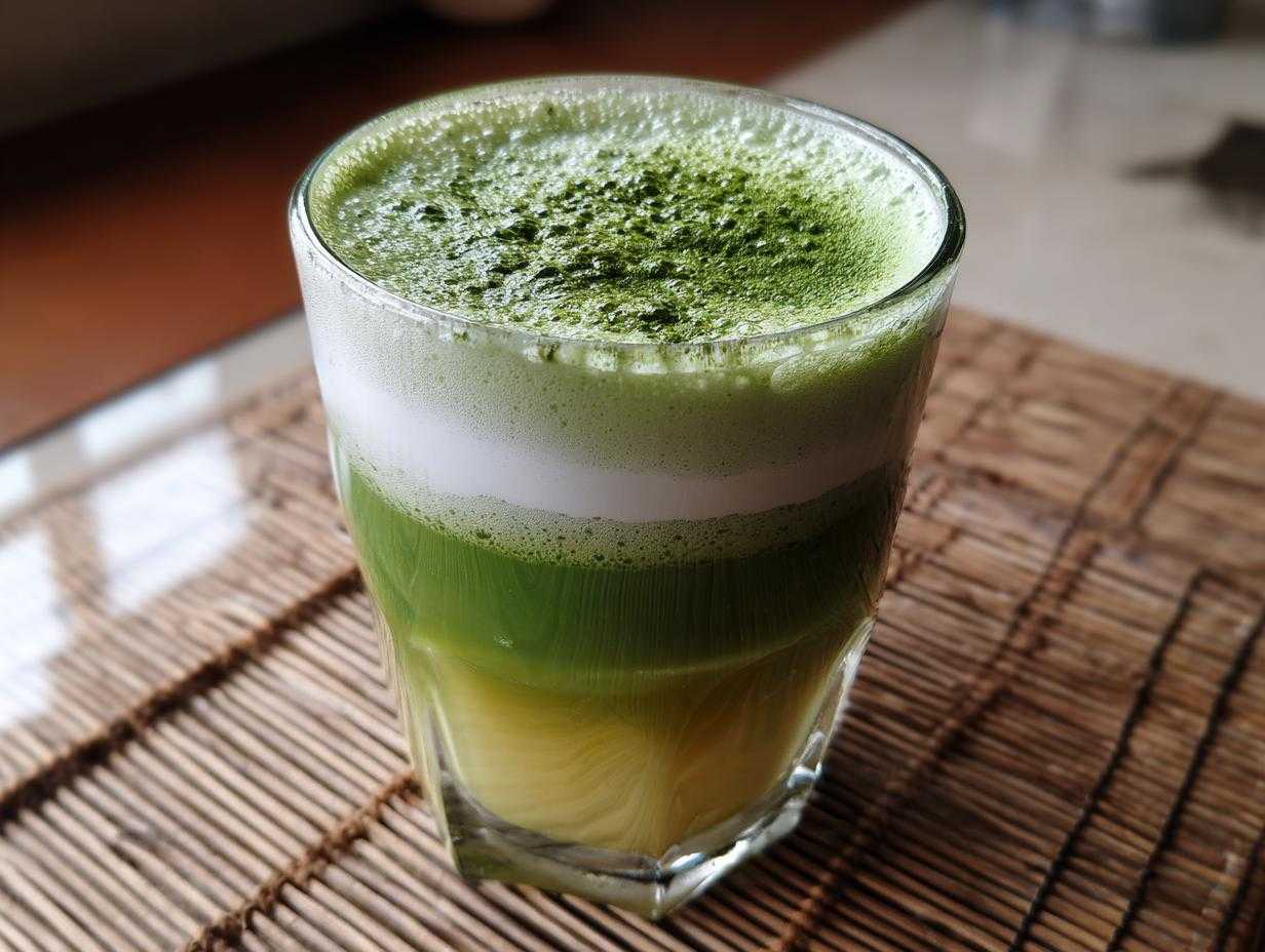 Szklanka domowej matcha latte z widocznymi warstwami zielonej herbaty, mleka i pianki, posypana pudrem matcha.