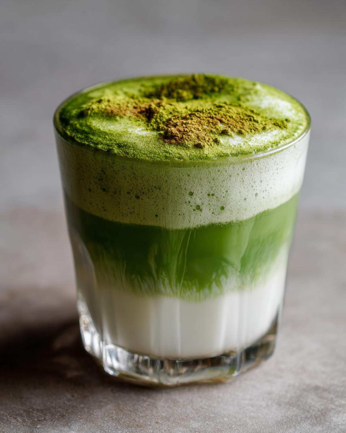 Szklanka domowej matcha latte z widocznymi warstwami zielonej herbaty i mleka, posypana pudrem matcha.