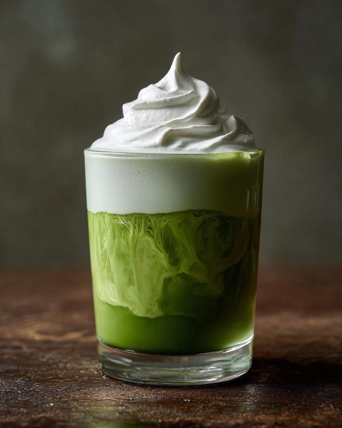 Szklanka domowej matcha latte z mleczną pianką i bitą śmietaną na wierzchu.